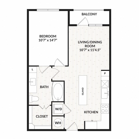 Floor plan for 1 bed, 1 bath, 660 sqft